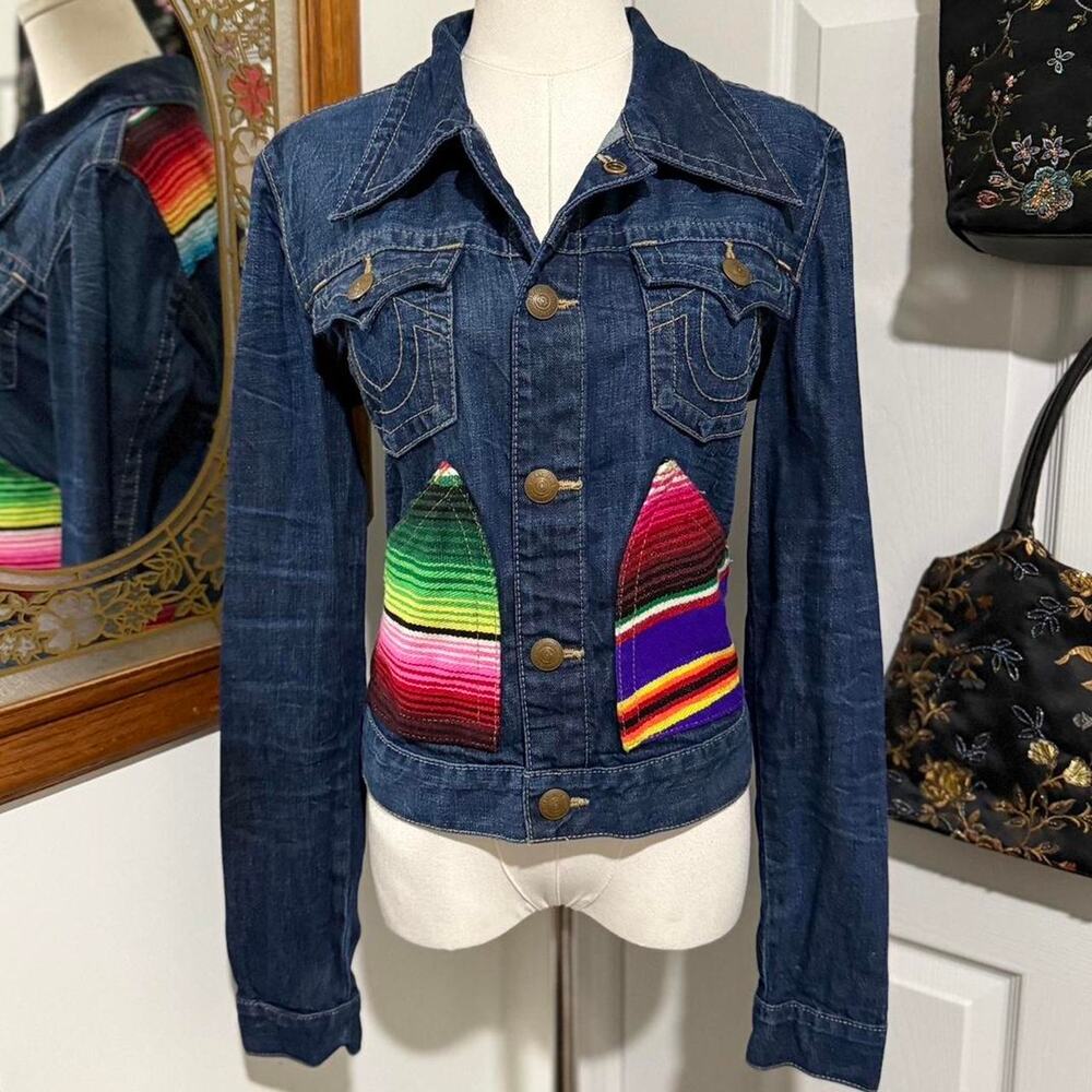 True Religion Jada Baja Dark Blue & Rainbow Retro Women's Denim Jacket L/M